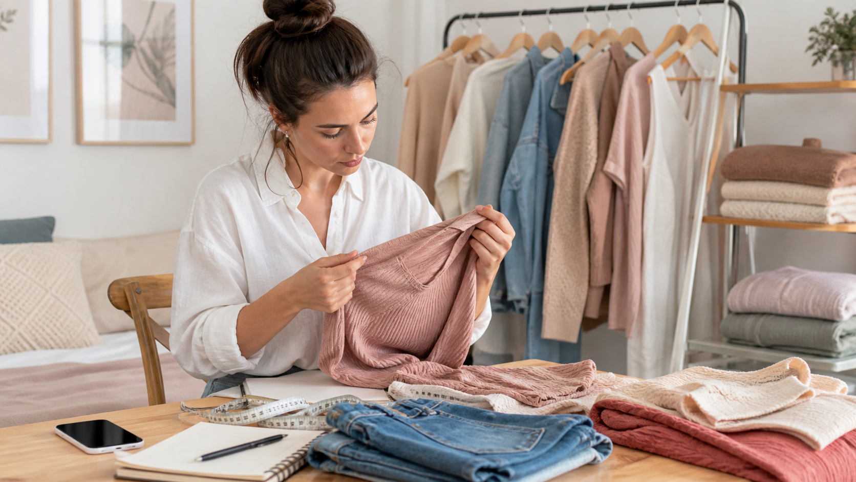 Product tester inspecting garment fabric and construction at home